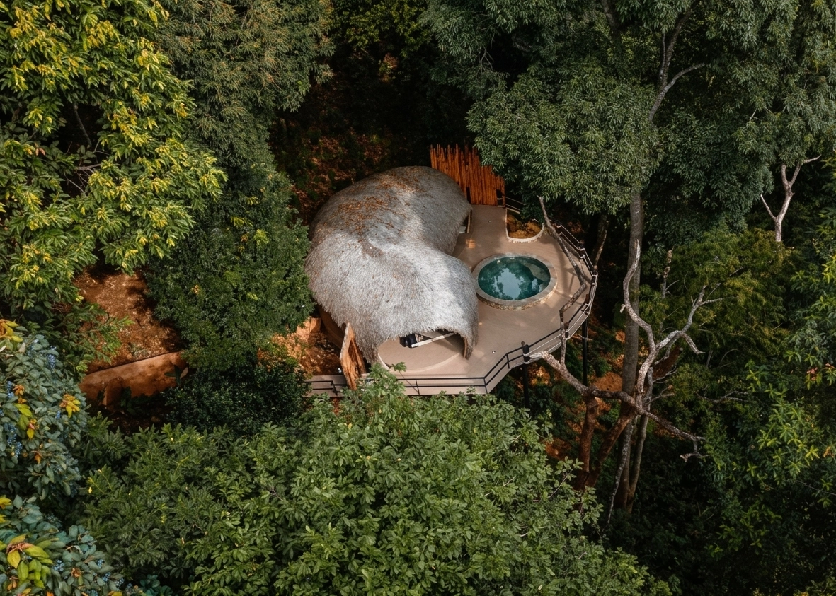Lannawild luxury mountain retreat at sunset overlooking Chiang Mai jungle